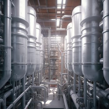 The interior of an industrial factory. Large barrels and pipes