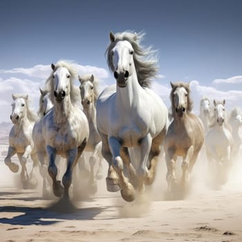 A herd of galloping horses. Dust from under the hooves