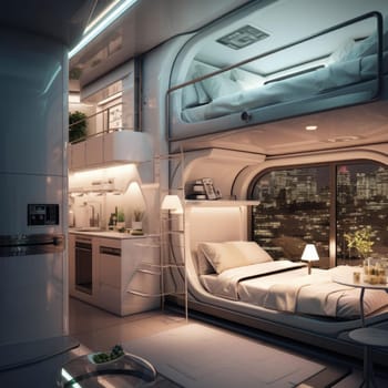 The apartment is capsule type, high technology. The architecture of the future