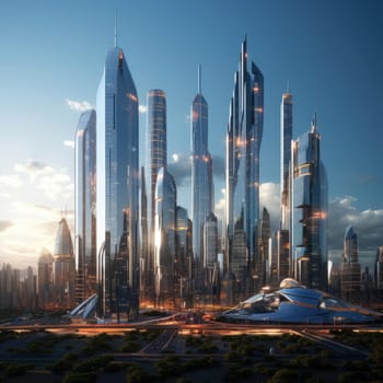 A group of skyscrapers of the future. Sunny day. The business concept of the future