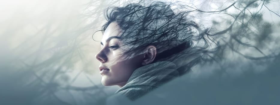 two exposures, harmony of people and nature, finding oneself, portrait of a woman, banner with copy space made with Generative AI. High quality illustration