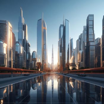 A group of skyscrapers of the future. Sunny day. The business concept of the future
