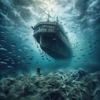 Man explores the depths of the ocean. The concept of the connection between man and marine life