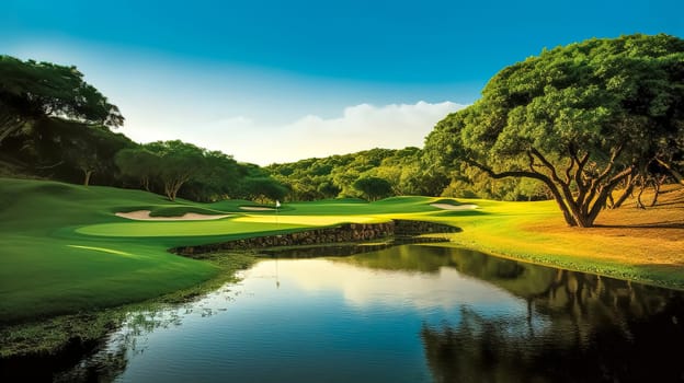 golf course in nature with a lake, banner made with Generative AI. High quality illustration