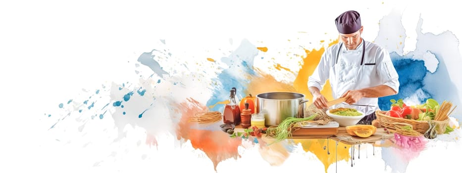 the chef is preparing a dish in the kitchen, banner with copy space on white background made with Generative AI. High quality illustration