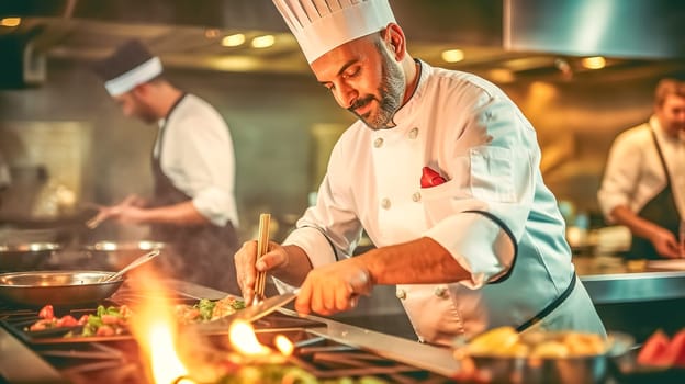 the chef is preparing a dish in the kitchen, made with Generative AI. High quality illustration