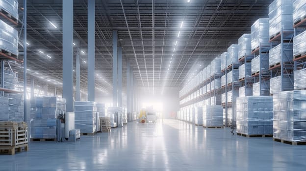 The logistics warehouse of the future. Bright large room with shelving