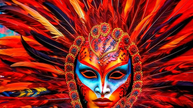 dancers at the carnival in colorful feather and silk masks, made with Generative AI. High quality illustration