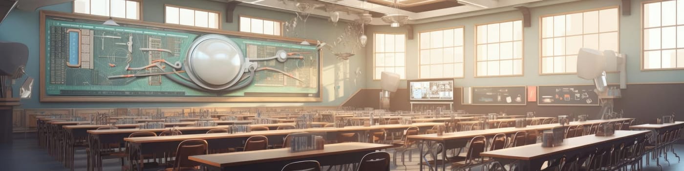 An empty large classroom of the future. The concept of education in the future