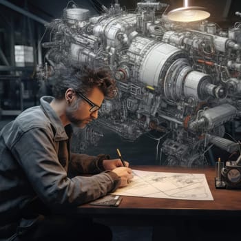 The engineer of the future draws a drawing. The concept of new developments