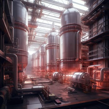 The interior of an industrial factory. Large barrels and pipes