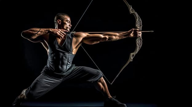 athlete archer competition in sports archery, banner with black background made with Generative AI. High quality illustration