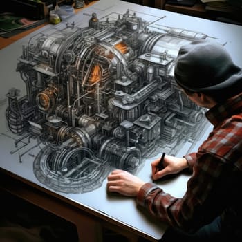 The engineer of the future draws a drawing. The concept of new developments