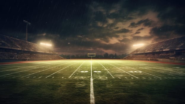 An empty football field. Dramatic weather, dark sky