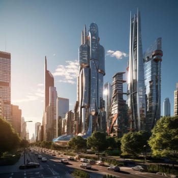 A group of skyscrapers of the future. Sunny day. The business concept of the future