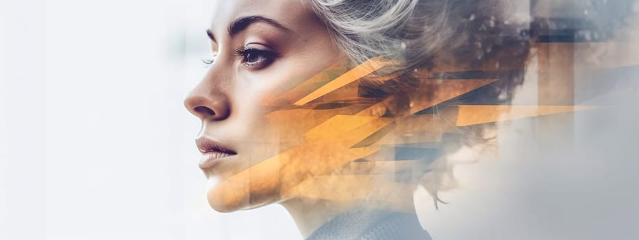 two exposures, harmony of people and nature, finding oneself, portrait of a woman, banner with copy space made with Generative AI. High quality illustration