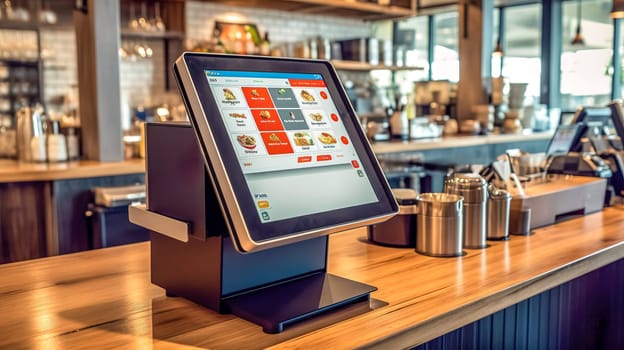 touch cash register terminal in catering facilities. bar and restaurant, payment system, made with Generative AI. High quality illustration