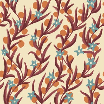 Hand drawn seamless pattern with diagonal floral branches, brown berries blue flowers on beige background. Retro vintage garden autumn fall design, botanical print in warm neutral faded colors