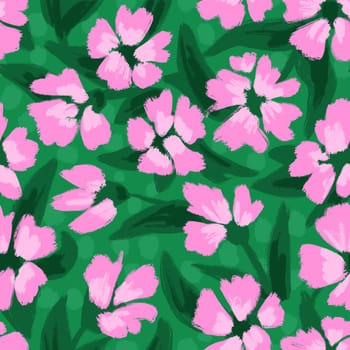 Hand drawn seamless pattern with pink green shabby chic flower floral elements lines dots leaves, ditsy summer spring botanical nature print, bloom blossom stylized petals