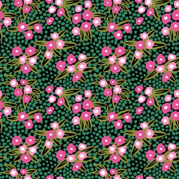 Hand drawn seamless pattern with pink green shabby chic flower floral elements lines dots leaves, ditsy summer spring botanical nature print, bloom blossom stylized petals