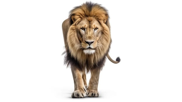 Majestic lion photo realistic illustration - Generative AI. Animal, lion, feline, mane, king.