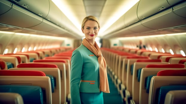 stewardess on board the plane, made with Generative AI. High quality illustration