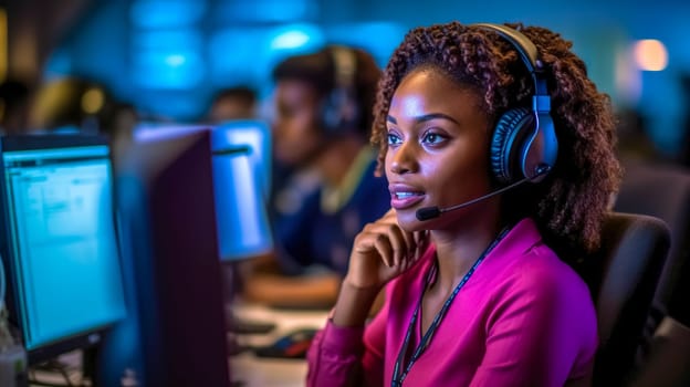 african young woman with headset in call center, made with Generative AI. High quality illustration