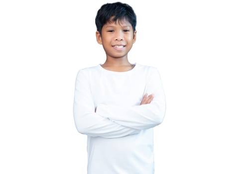 Portrait of a boy in transparent white long-sleeved shirt showing happiness on a white background.