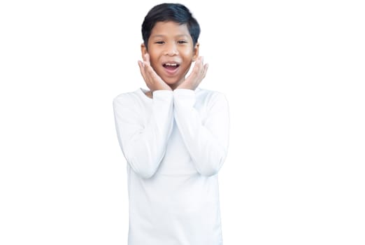 Portrait of a boy in transparent white long-sleeved shirt showing happiness on a white background.