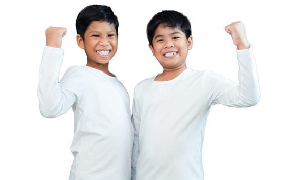 Brothers wearing white long-sleeved T-shirts smile and show joy together.