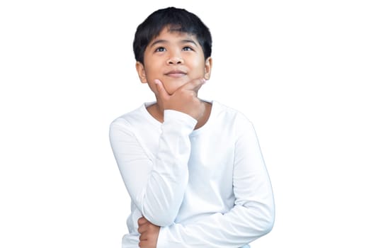 Picture of a boy in transparent white long-sleeved shirt thinking on a white background.