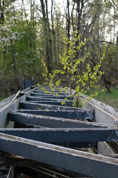 abandoned large metal structures with peeling paint in the middle of the forest, violation of ecologycorrosion from external natural factors, abstract background High quality photo