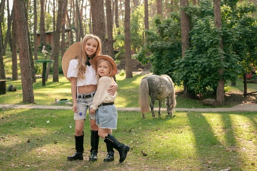 Two happy preteen girls in country style clothes and straw hats embracing standing in green park with dapple gray pony eating grass behind. Sisters enjoying summer vacation