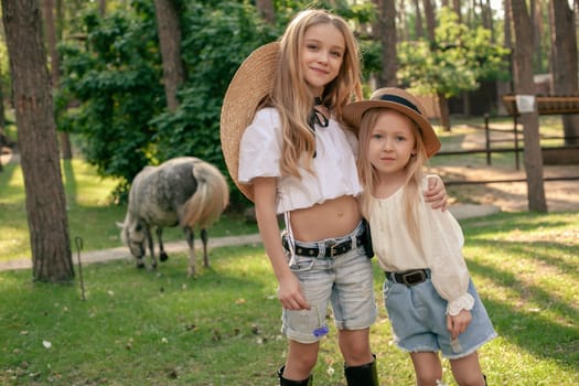 Smiling preteen girl hugging her small cute sister while walking in green summer city park with gray pony grazing on lawn in background, cropped shot. Happy childhood and friendly family concept