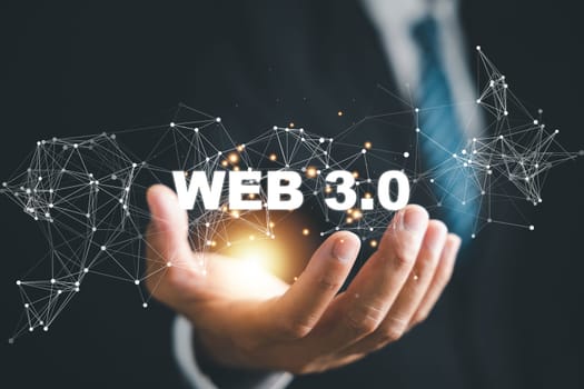 A visionary businessman in a suit represents the cutting edge Web 3.0 concept, epitomizing the fusion of technology, internet connectivity, and business evolution. Web3