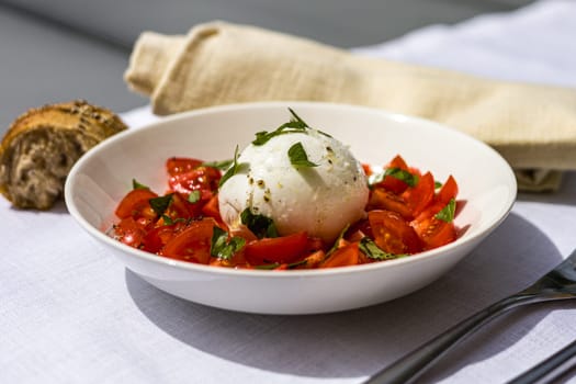 Italian Caprese Salad with Buffalo mozzarella, tomatoes, basil and bread. High quality photo