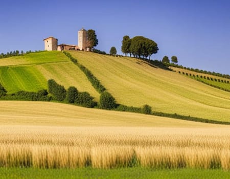 Immerse yourself in the tranquil splendor of a rustic farmhouse nestled amidst the picturesque rolling hills of Tuscany, Italy. This breathtaking panoramic view, created by artificial intelligence, captures the essence of the region's idyllic countryside, showcasing the charm and serenity of a traditional farm house in perfect harmony with its natural surroundings. Lose yourself in the captivating allure of Tuscany's lush landscapes and let this enchanting image transport you to a world of unparalleled beauty.