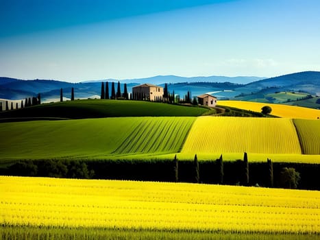 Immerse yourself in the tranquil splendor of a rustic farmhouse nestled amidst the picturesque rolling hills of Tuscany, Italy. This breathtaking panoramic view, created by artificial intelligence, captures the essence of the region's idyllic countryside, showcasing the charm and serenity of a traditional farm house in perfect harmony with its natural surroundings. Lose yourself in the captivating allure of Tuscany's lush landscapes and let this enchanting image transport you to a world of unparalleled beauty.