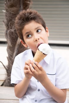 Cute child boy with a dirty face eats ice cream, the child enjoys dessert on a walk in the park, High quality photo