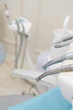 Closeup view of dentistry equipment and instruments. Dentist. Dentistry, Dental clinic. Dental equipment. Dental instruments.