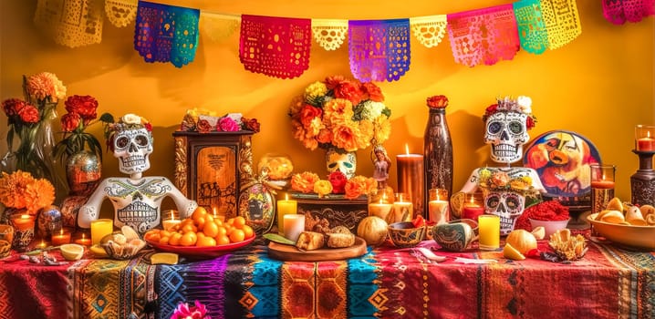 decorations for the feast of the dead, banner made with Generative AI. High quality illustration