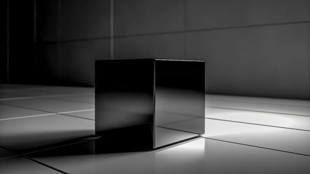 the black glass cube reflects light and creates geometric shadows, made with Generative AI. High quality illustration