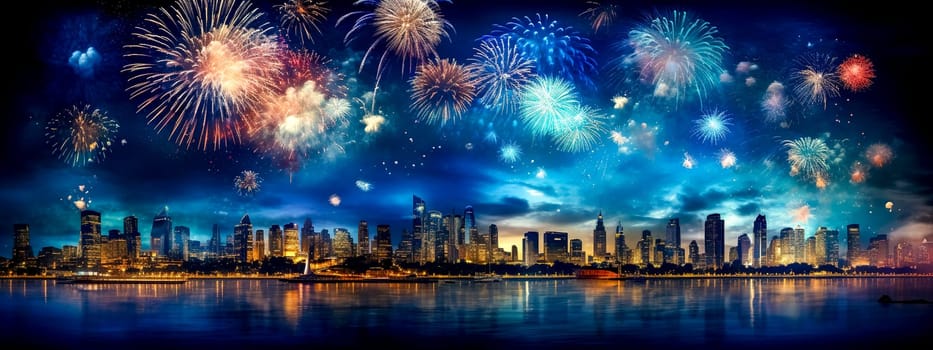 bright colorful fireworks over the city, made with Generative AI. High quality illustration