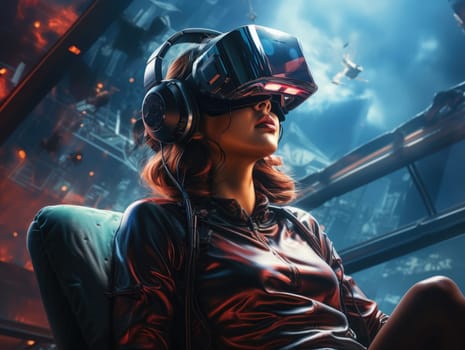 A woman wearing VR headset user and sitting in space scene, surreal world and virtual reality. Generative AI.