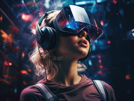 Woman wearing a VR headset, futuristic virtual world, digital art illustration and colorful. Generative AI.