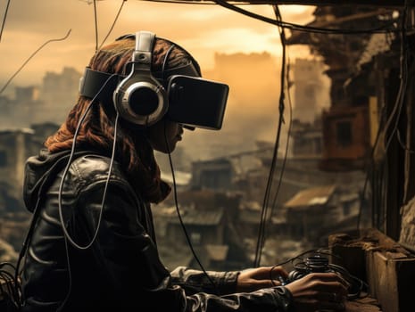 A woman wearing VR headset user and sitting in the ruined building scene, surreal world and virtual reality. Generative AI.