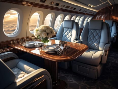 A private airplane in the style of modern luxury with light blue leather seats, a tray table and dining set, overlooking the sky through a window. Generative AI.