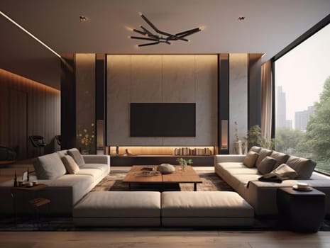 A modern living room in a warm tone with a TV, a sofa, an expansive window, and natural light. Generative AI.