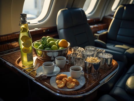 A private jet in modern style with breakfast on the table and sunlight shining through a window. Generative AI.