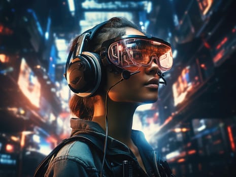 Woman wearing a VR headset, futuristic virtual world, digital art illustration and colorful. Generative AI.